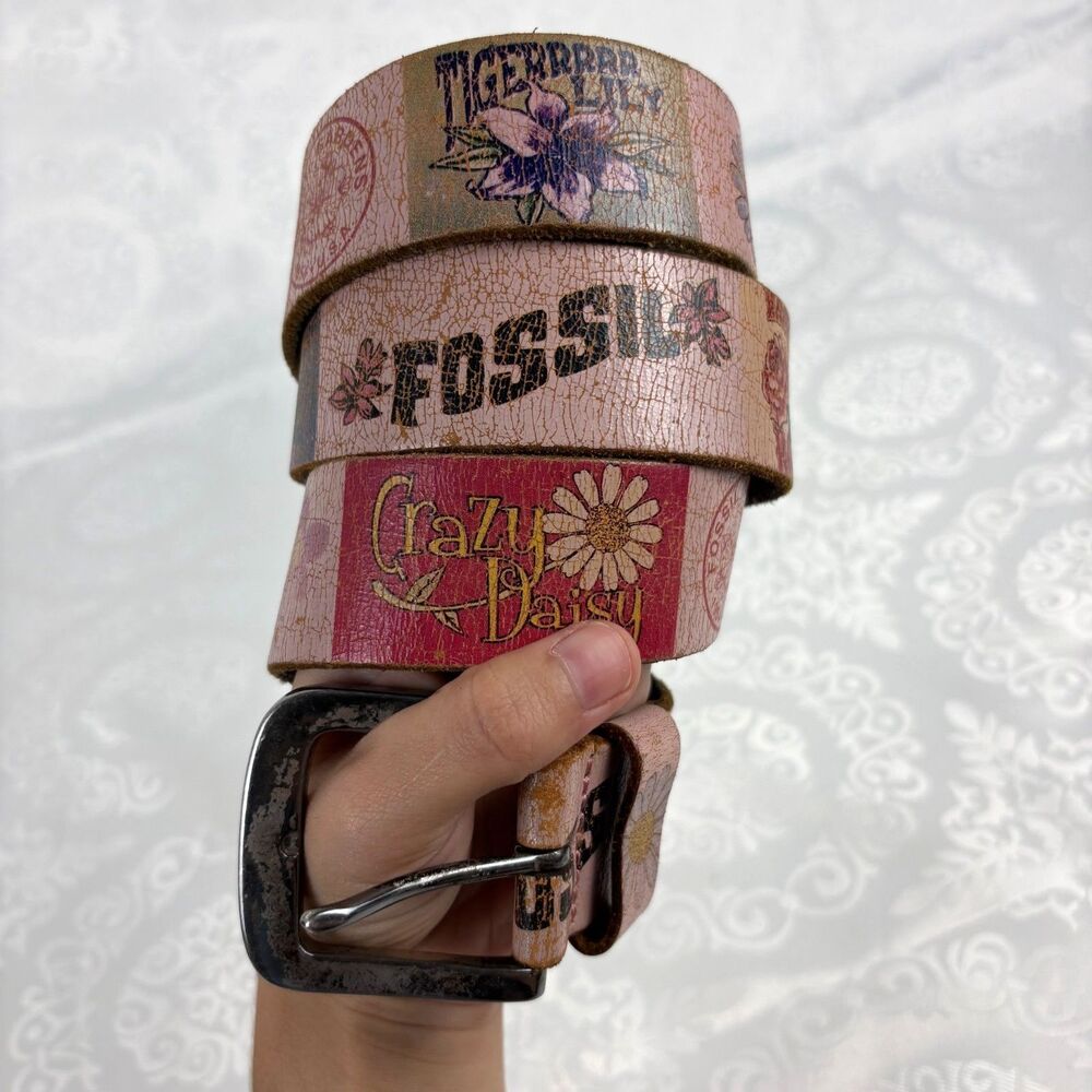Fossil Leather Belt Flower Power Garden Florals Pink Crackle Patchwork Size L